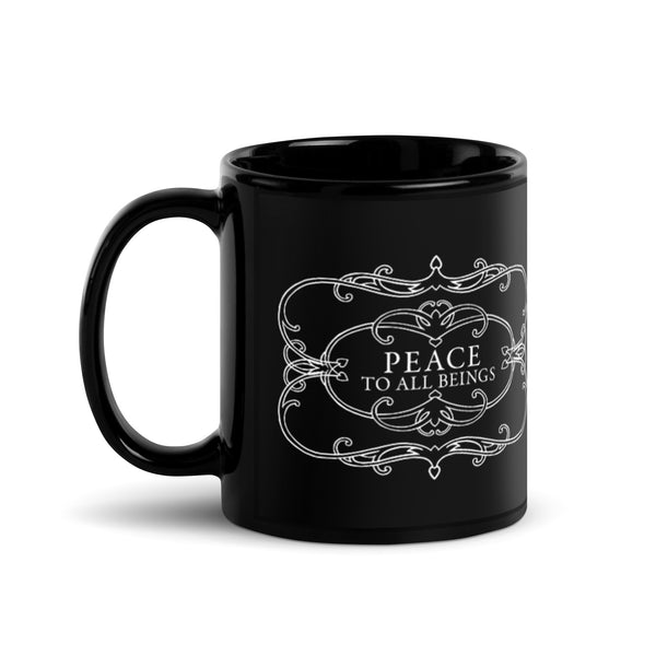 "Peace To All Beings" Black Glossy Mug
